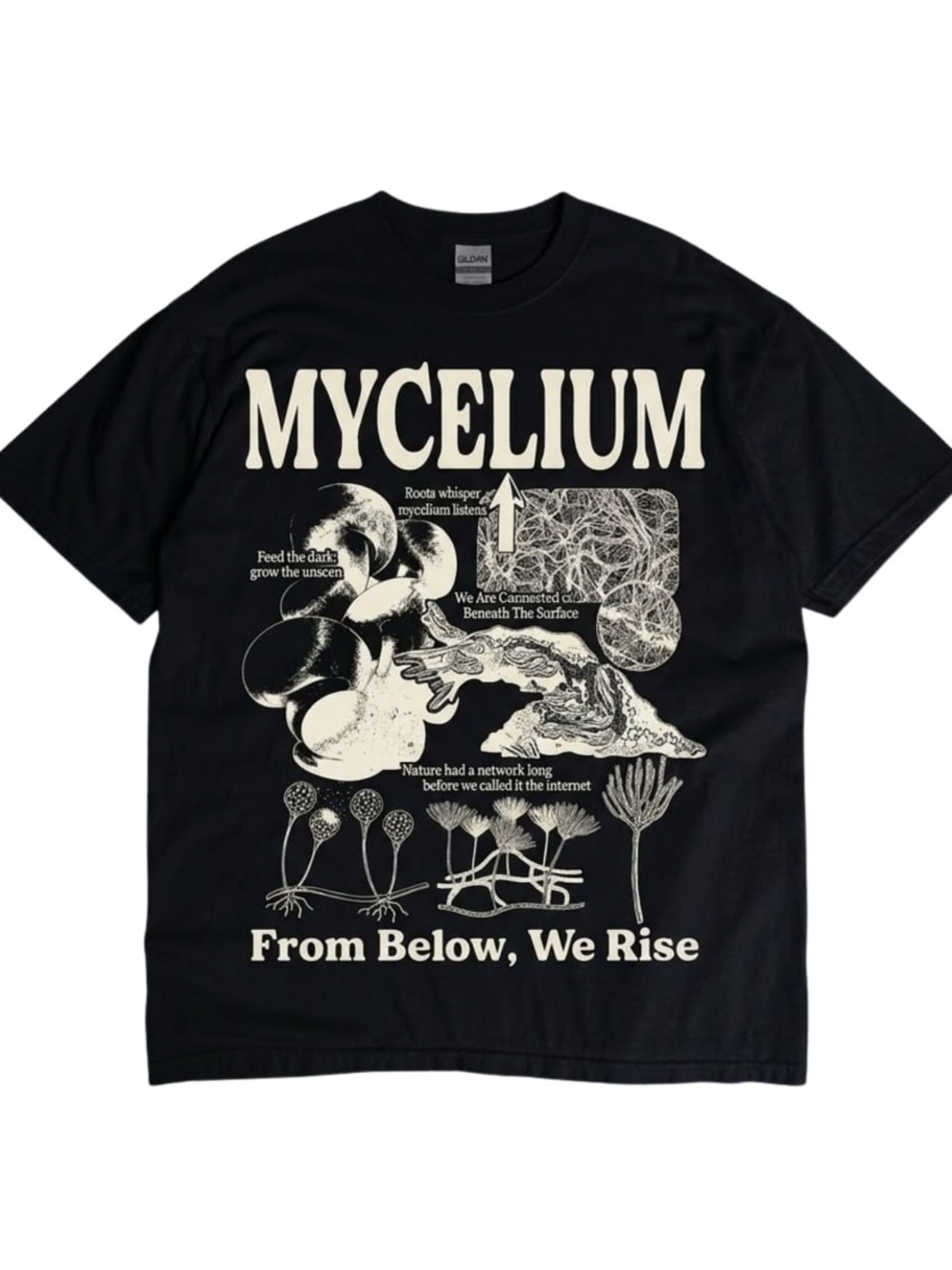 Gildan Black Graphic Mycelium vintage biology 90s Tee